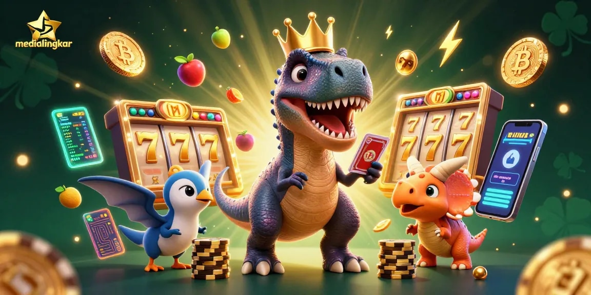 Engage with medialingkar's vibrant casino scene featuring a T-Rex dealing cards and triceratops stacking chips.