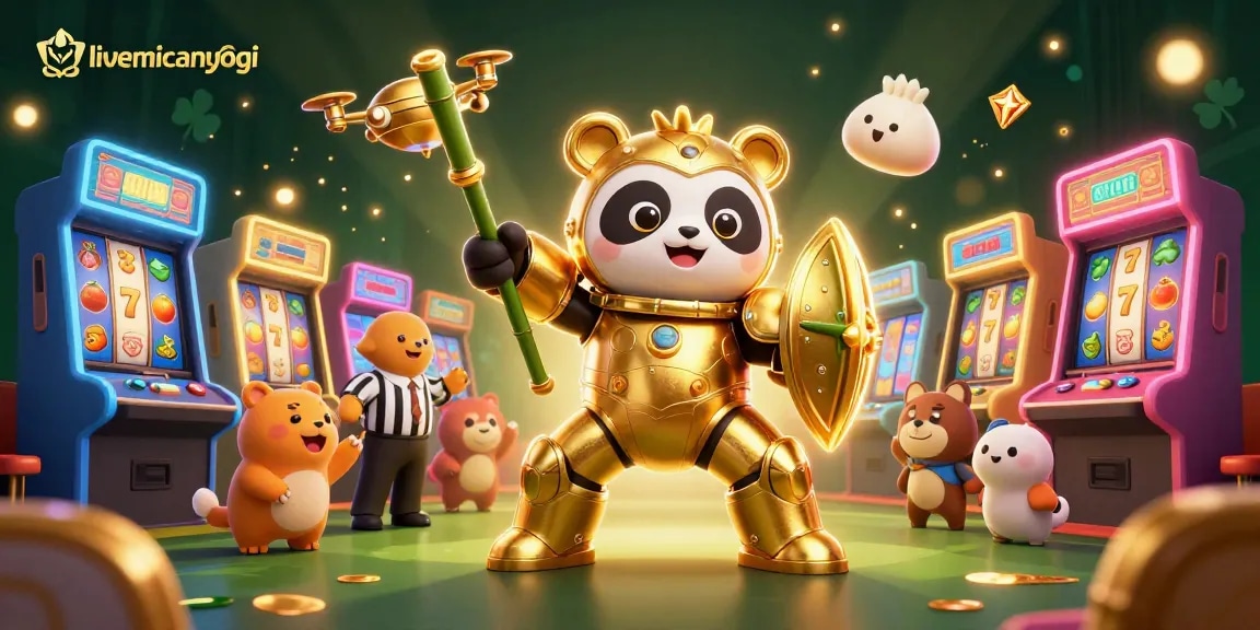 Engage with liveamericanyogi in an exciting illustration featuring a golden panda in a vibrant casino arena.
