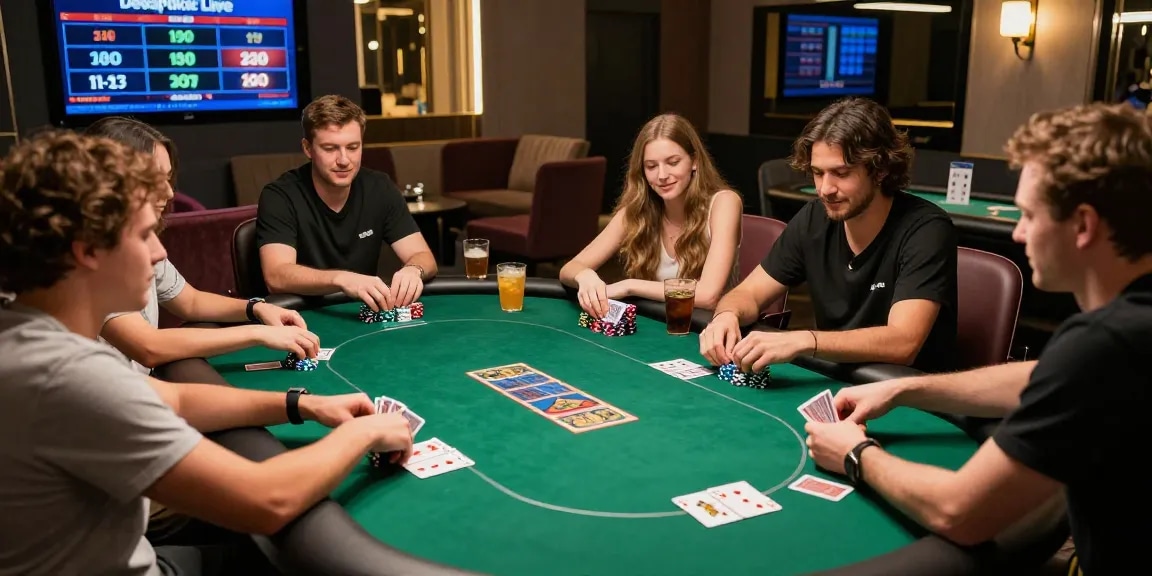 Dewapoker Live Jackpot tournament players enjoying an intense poker game in a stylish lounge.