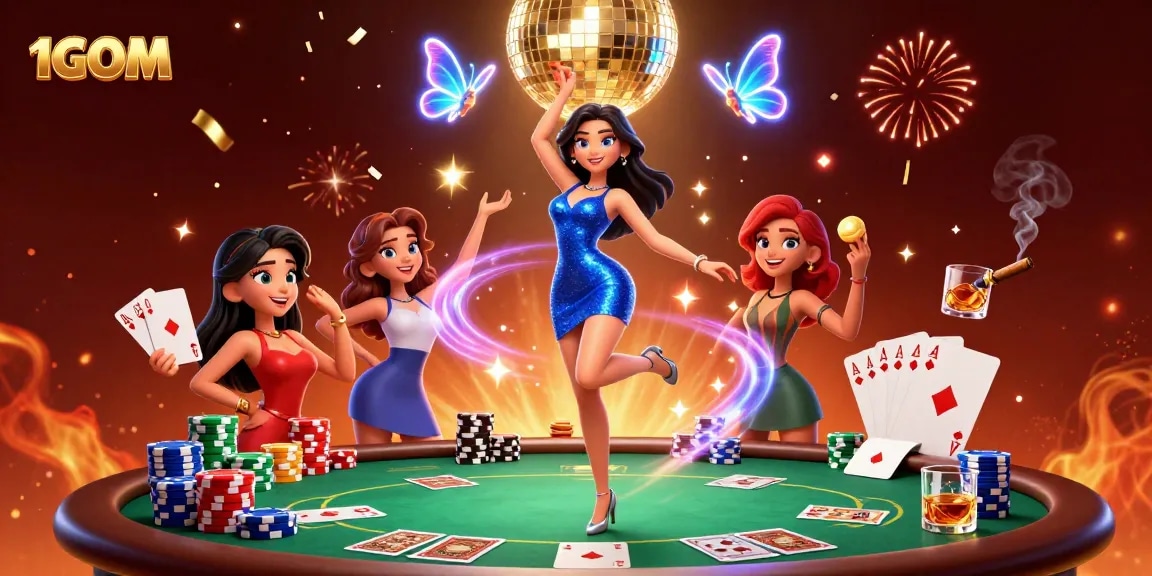 1GOM showcases a glamorous casino scene with poker elements and vibrant dance energy.