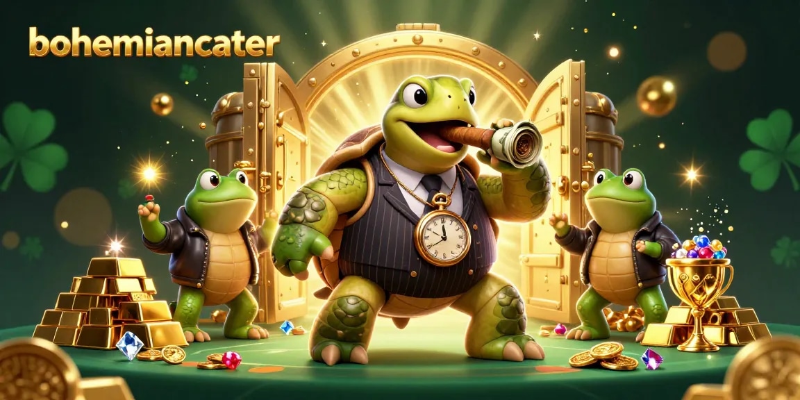 Engage with bohemiancater's vibrant 3D illustration showcasing a snapping turtle and bullfrog enforcers in a dynamic casino scene.