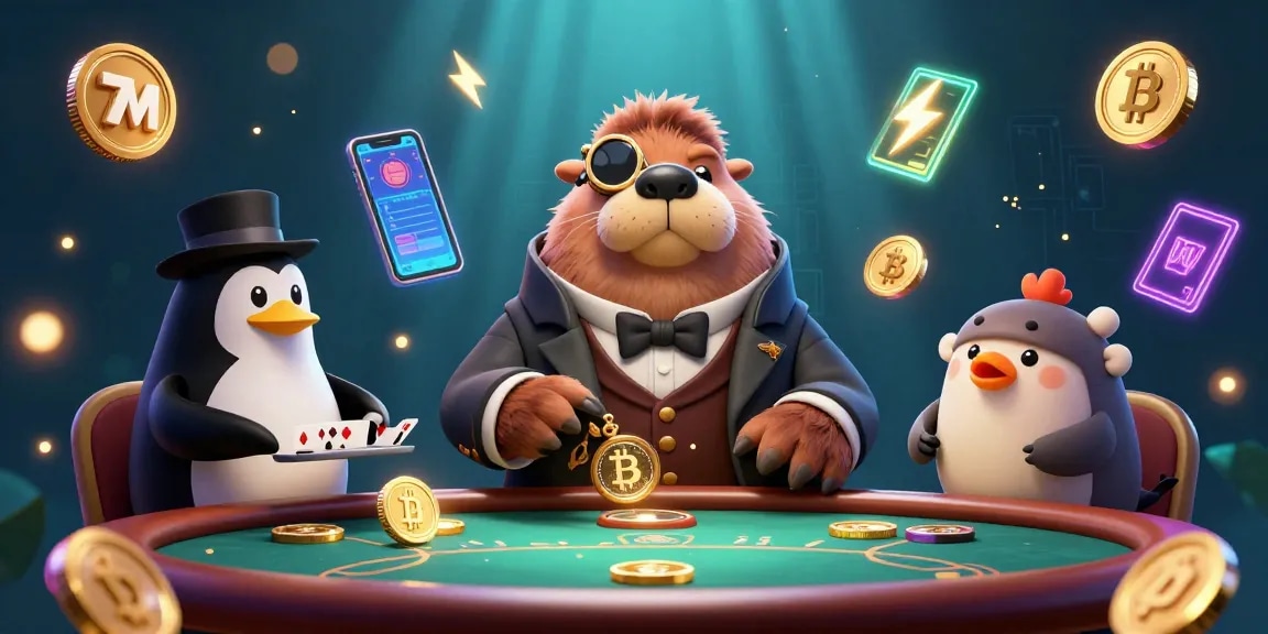 Experience the thrill of poker with 7M in this vibrant underwater casino scene, featuring unique characters and crypto elements.