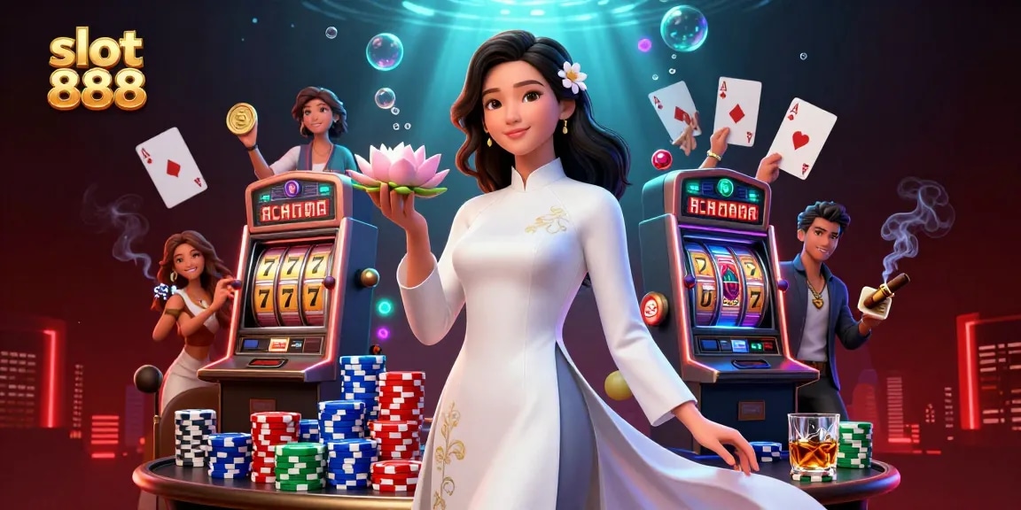 Experience thrilling gameplay with slot 888 as the elegant Asian woman presents slot machine reels and tokens.