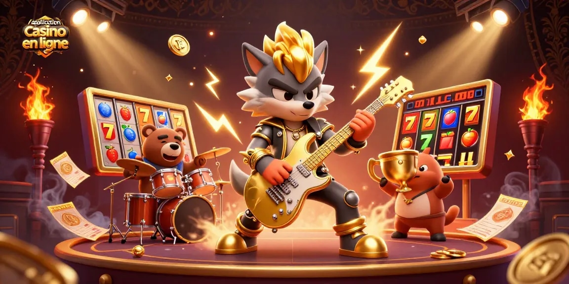 Application casino en ligne : un loup rockeur et un ours batteur illuminent la scène avec des jackpots.