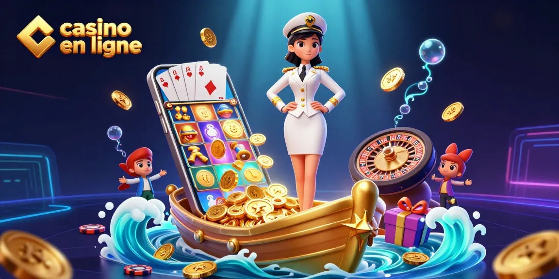Vivez les sensations du casino en ligne avec cette illustration 3D colorée présentant des éléments de jeu captivants.