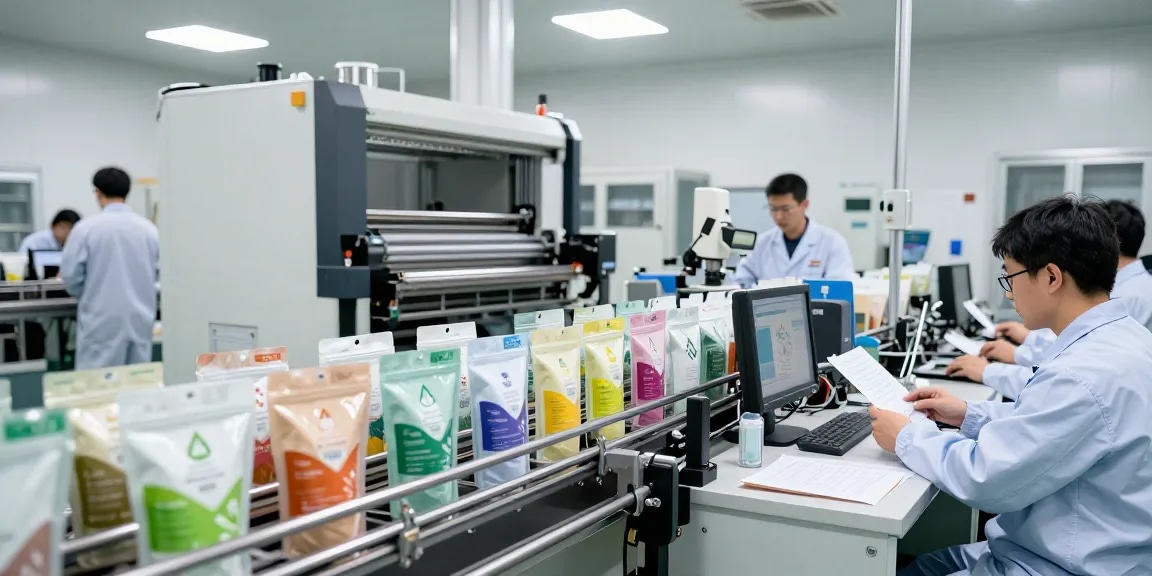 Recyclable stand up pouches produced in a modern manufacturing facility, showcasing eco-friendly technology and quality control.