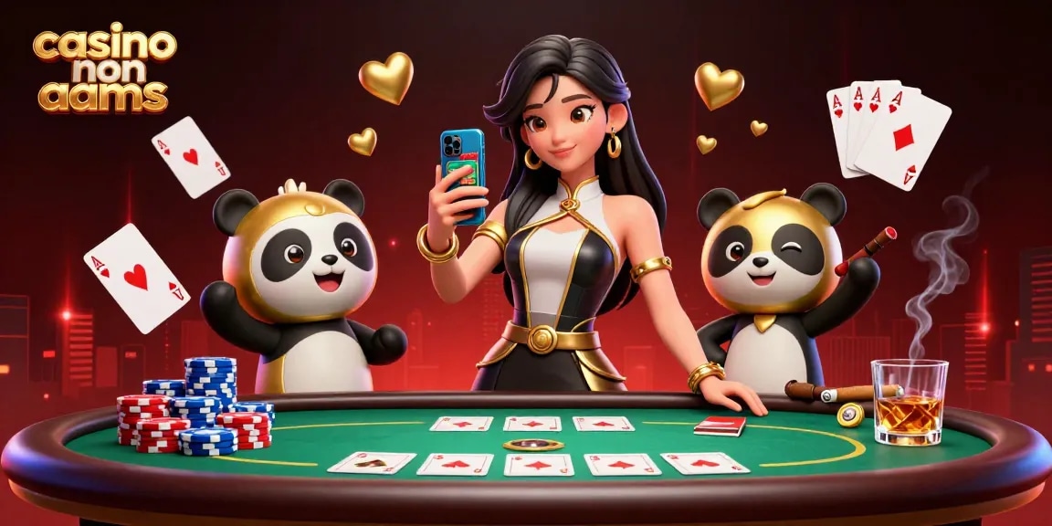 Vivi un emozionante gameplay nei casino non AAMS con una elegante donna asiatica e una mascotte panda dorata in una scena ricca e dinamica.