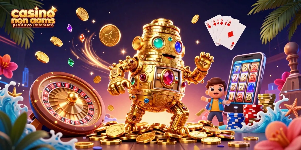 Immagine animata con il golem d'oro nel casinò non AAMS con prelievo immediato con simboli e monete brillanti.