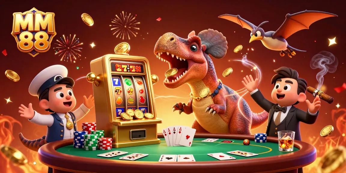 Catch flying coins in the MM 88 casino as a pachycephalosaurus and pals celebrate jackpots!