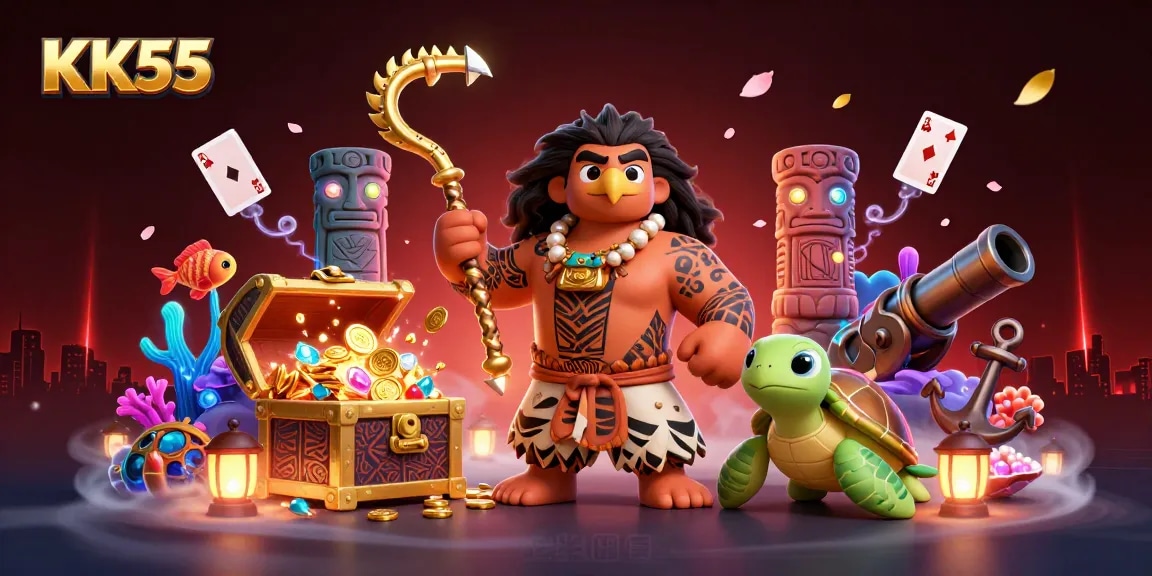 KK55 offers an exciting gambling atmosphere with treasure chests and vibrant casino elements.