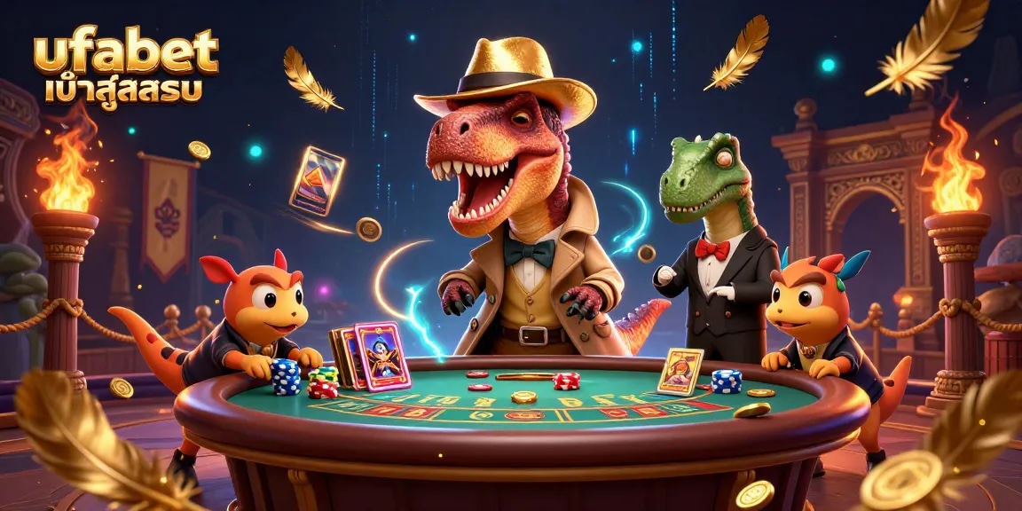 Exciting scene of ufabet เข้าสู่ระบบ with a velociraptor card counter, a stegosaurus pit boss, and a compy pickpocket in action at a blackjack table, capturing the thrill of gambling.