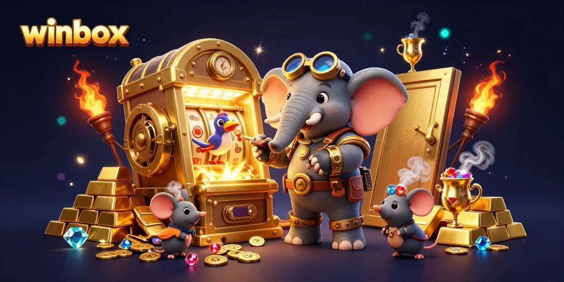 Experience winbox's thrilling slots with a steampunk elephant engineer at a gold-filled casino.