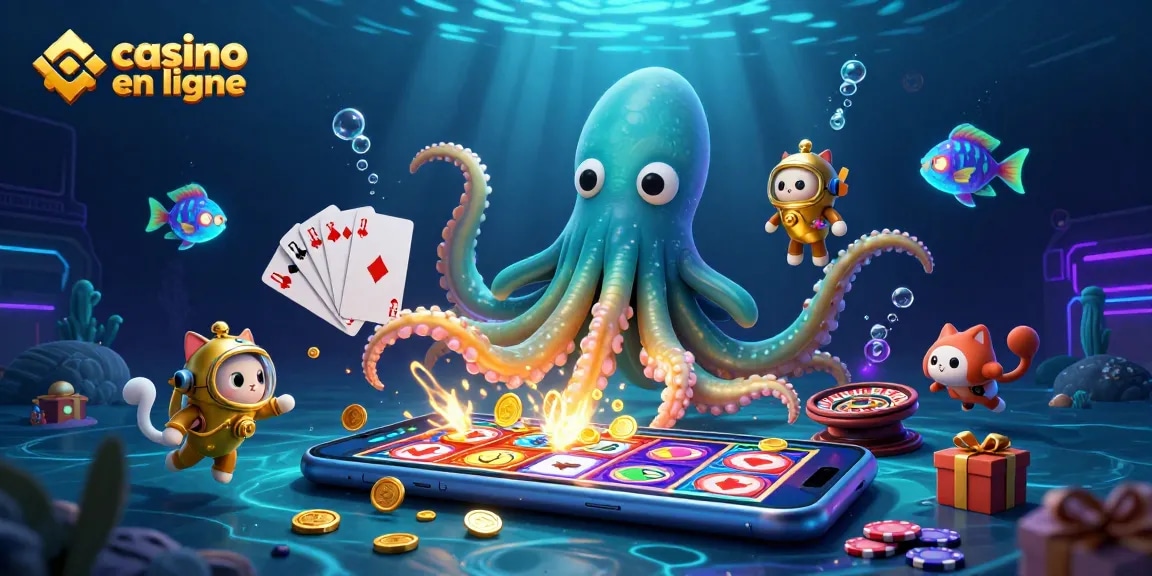 Vivez l'excitation du casino en ligne avec un kraken, un chat plongeur, et des éléments de jeu vibrants.