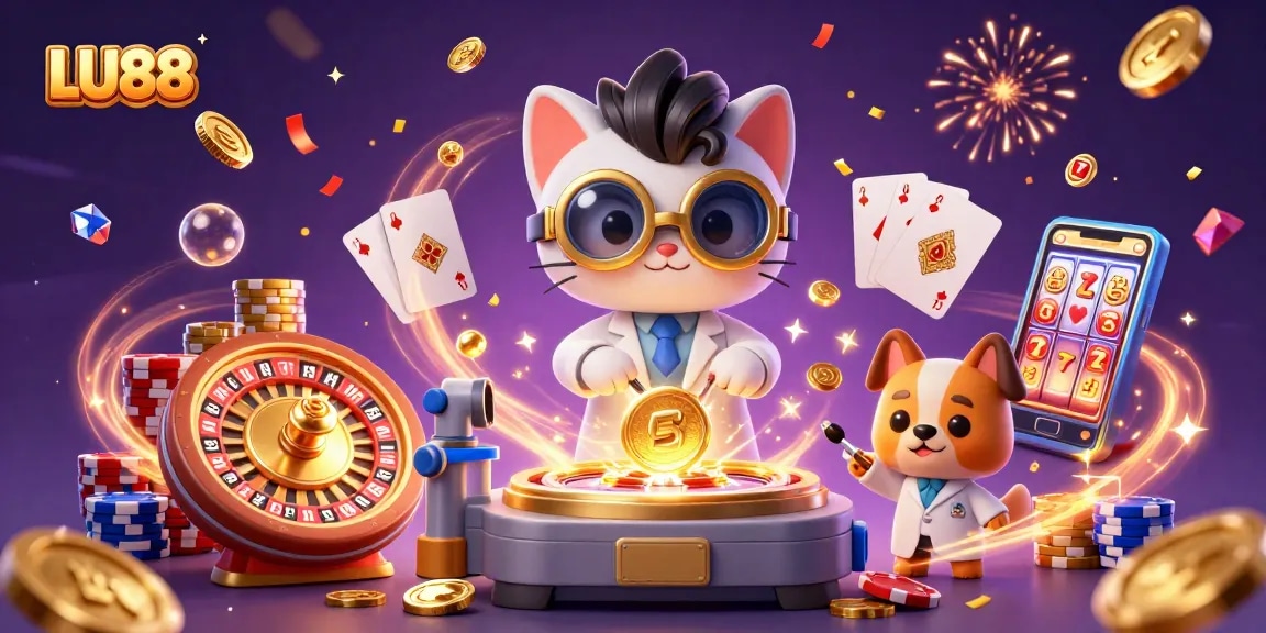 Experience thrilling gaming action at LU88 with vibrant, golden casino elements and characters.
