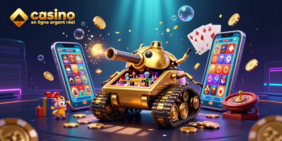 Vivez l'expérience d'un casino en ligne argent réel dans une scène dynamique remplie de jeux et de joie.