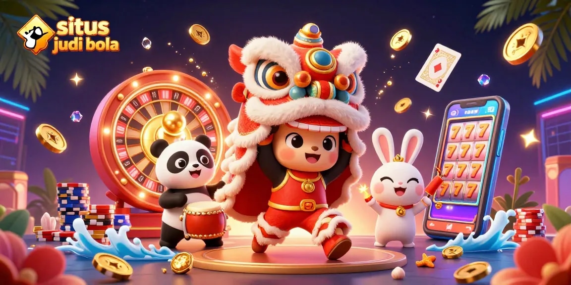 Situs judi bola promotional illustration with a dynamic lion dance and casino elements for an engaging user experience.