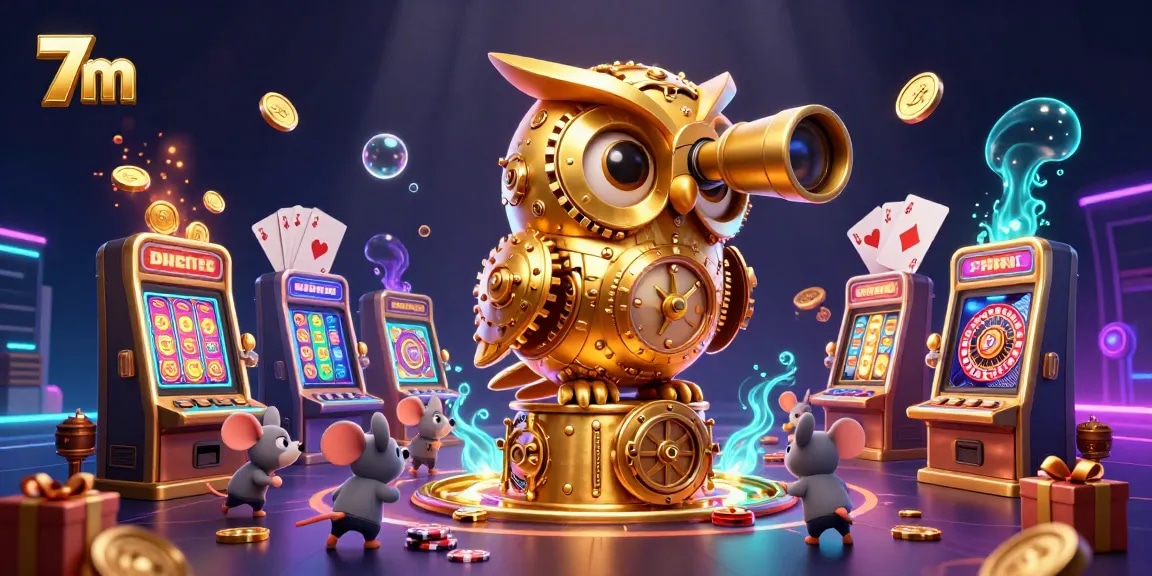 Experience thrilling wins at 7m with spinning slots and golden coins erupting.
