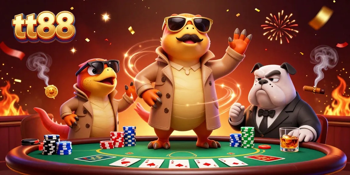 Experience thrilling poker at tt88 with raptors in disguise and a vigilant bouncer in a vibrant casino scene.