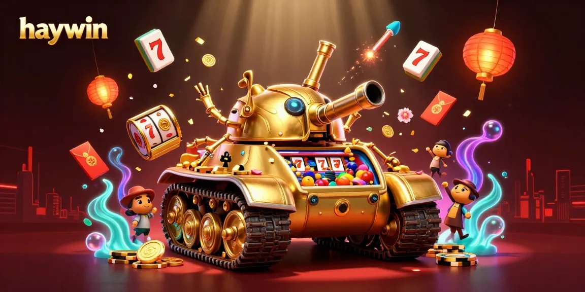 Experience the excitement of haywin in a vibrant 3D casino scene with slot elements and festive decorations.
