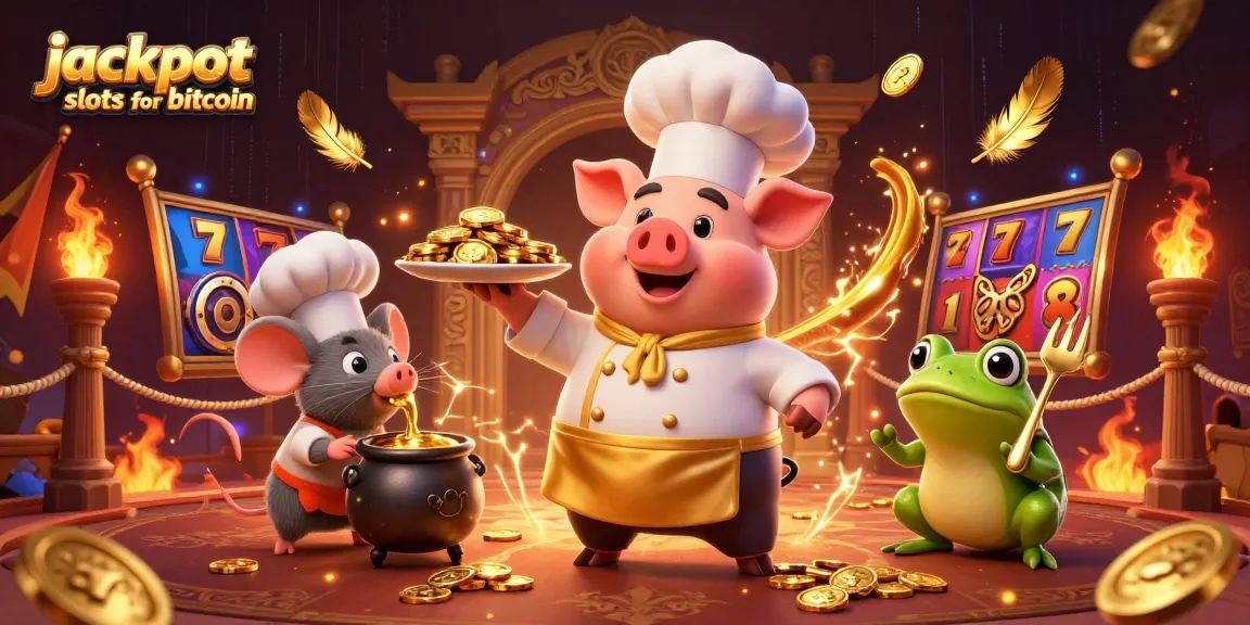 Experience jackpot slots for bitcoin with colorful 3D characters and gold coin action.