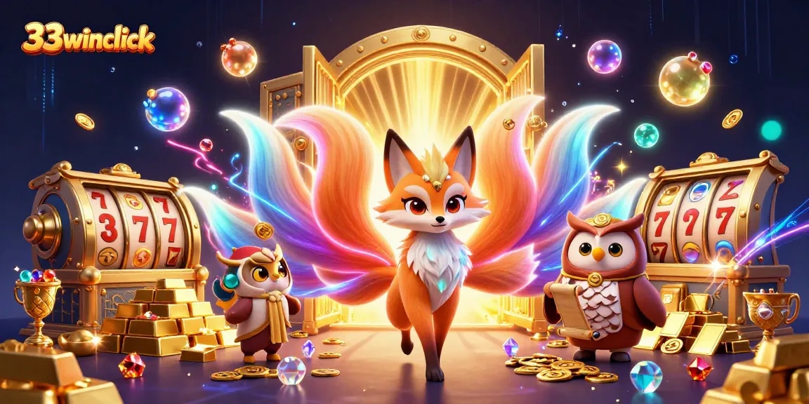Engage with 33winclick's vibrant casino world featuring glowing tails, gold treasure, and endless gaming fun.