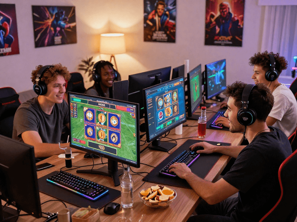 Exciting gaming experience with friends engaging in online games at Raja328, showcasing vibrant setup and community joy.