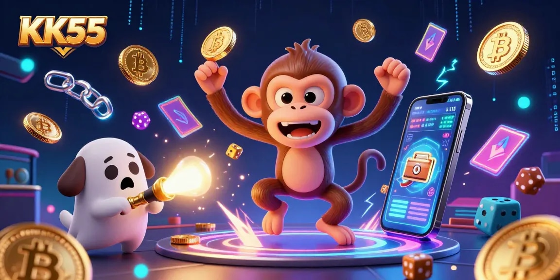 Experience the thrilling KK55 casino adventure with a ghostly monkey and hunter puppy tracking golden treasures.