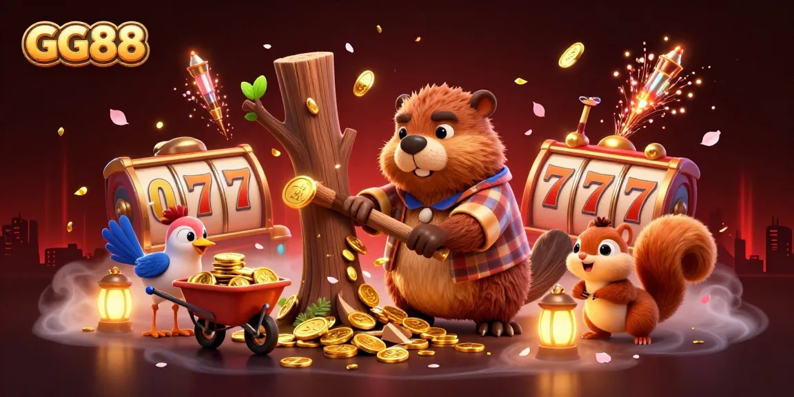 GG88 showcases a lively scene with a beaver and friends collecting golden coins in an online slot game environment.