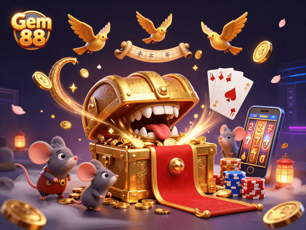 Spin the reels and win big with Gem 88's vibrant 3D casino adventure illustrated scene.