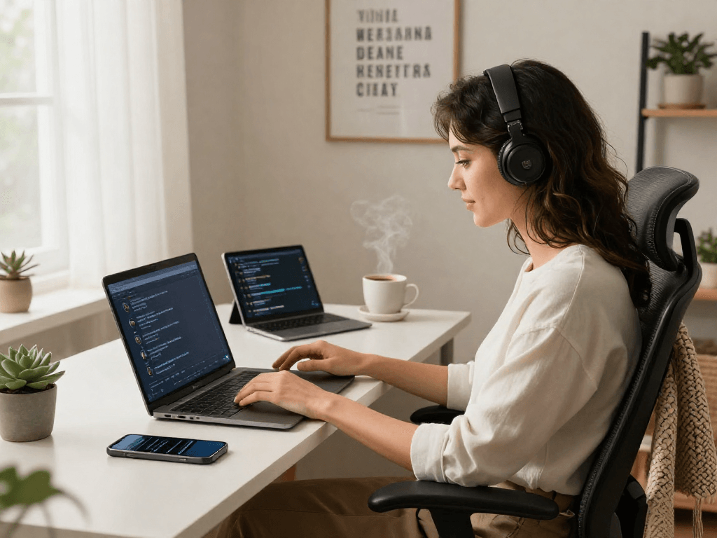 Engaging in an AI nsfw chat conversation in a modern home office setting, showcasing a tech-savvy environment.