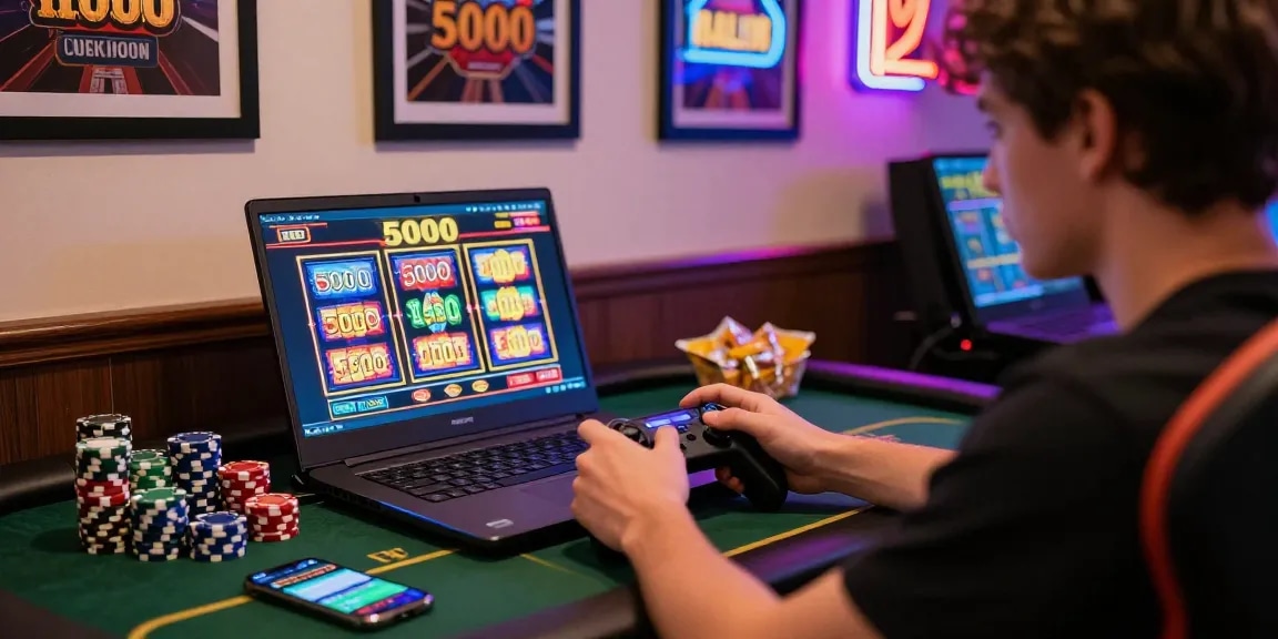 Player engaging in online gaming with slot deposit 5000 on laptop, colorful lights, and casino-themed decor.