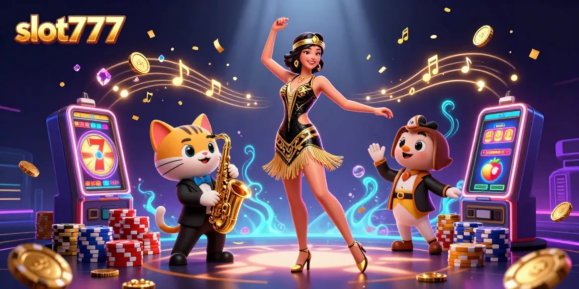 Experience thrilling spins with slot777 in this vibrant, dynamic casino scene filled with gold coins and jackpots.
