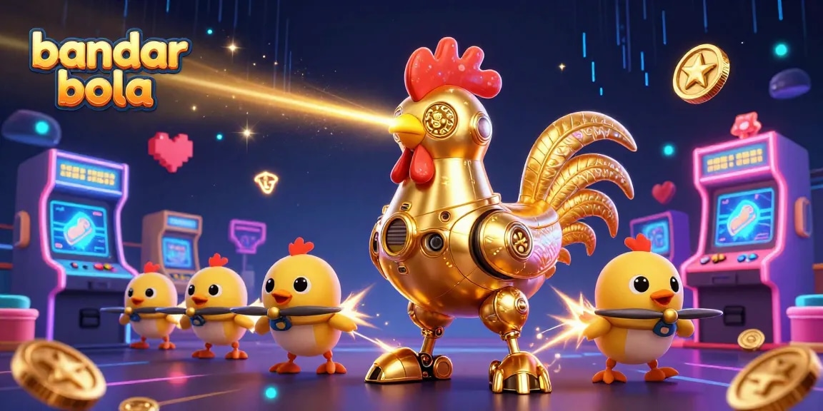 Bets soar as bandar bola excitement fills the scene with a golden rooster robot and dynamic gaming elements.