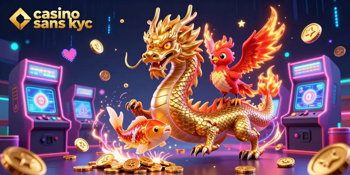 Jouez au casino sans kyc avec un dragon doré, un phénix et un poisson koi dans une scène dynamique.
