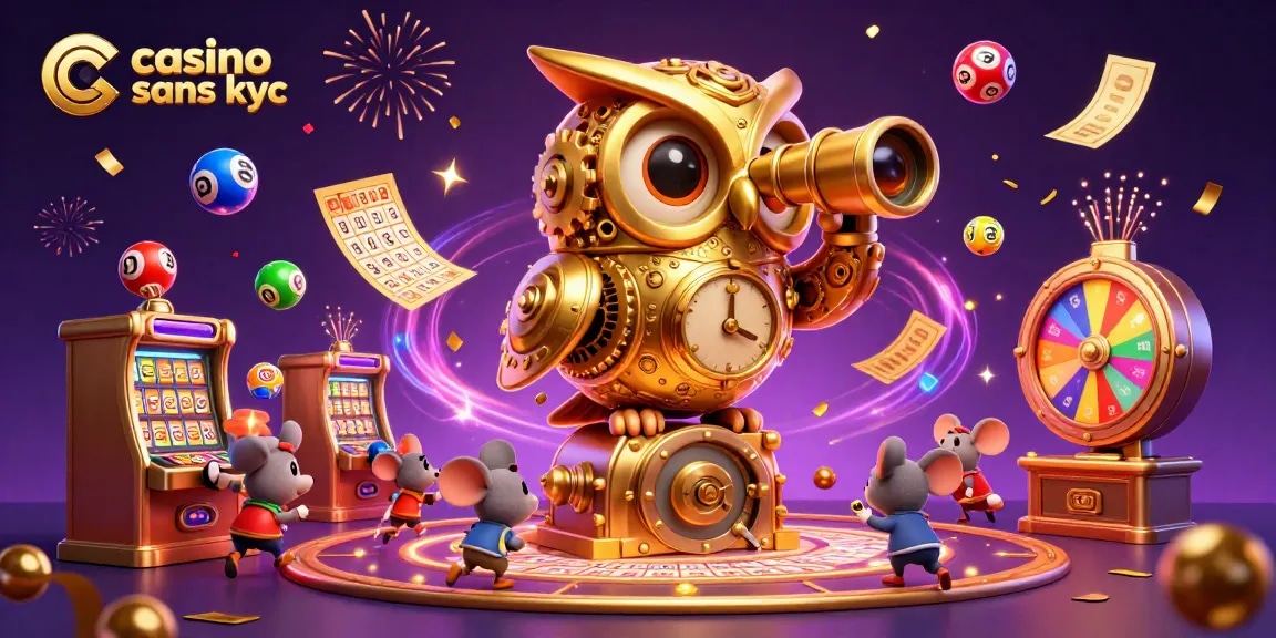 Profitez du casino sans KYC avec une illustration dynamique d'une chouette dorée et des joueurs animés.