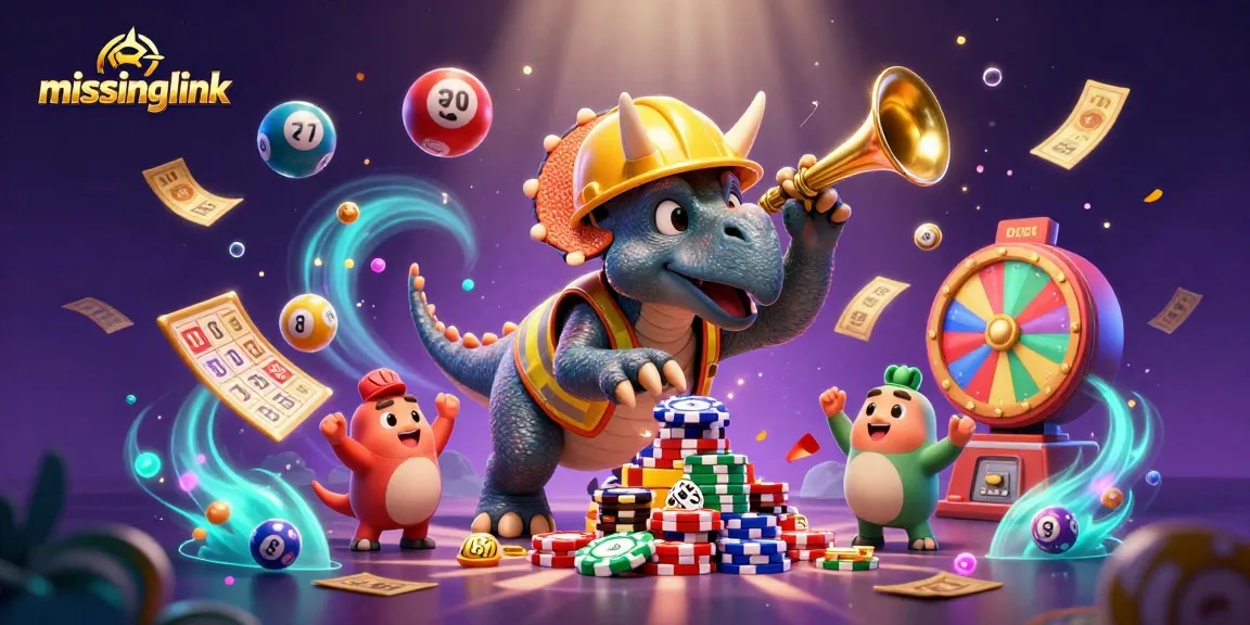 Experience the thrill of missinglink's vibrant casino world with a celebratory 3D dinosaur scene.