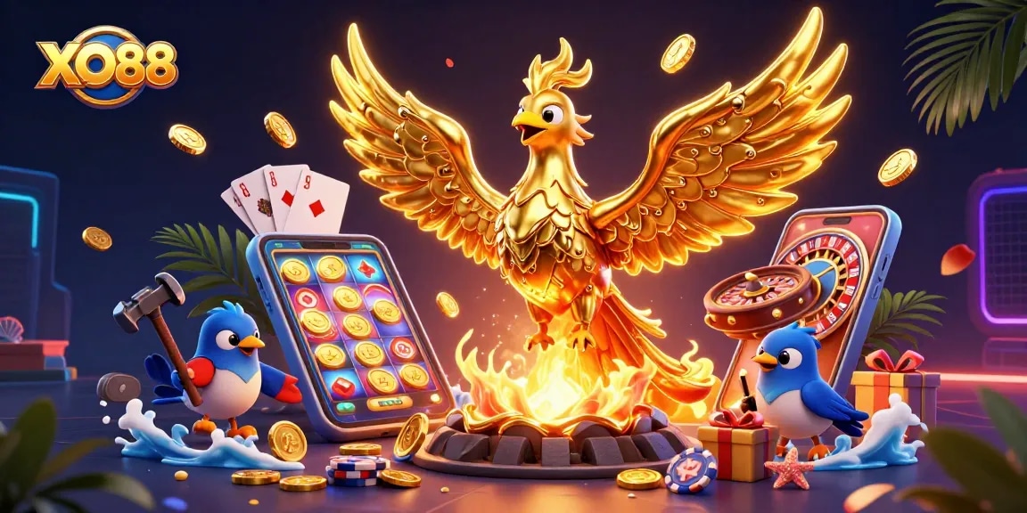 Experience thrilling gaming moments with XO88's molten metal phoenix and vibrant casino elements.