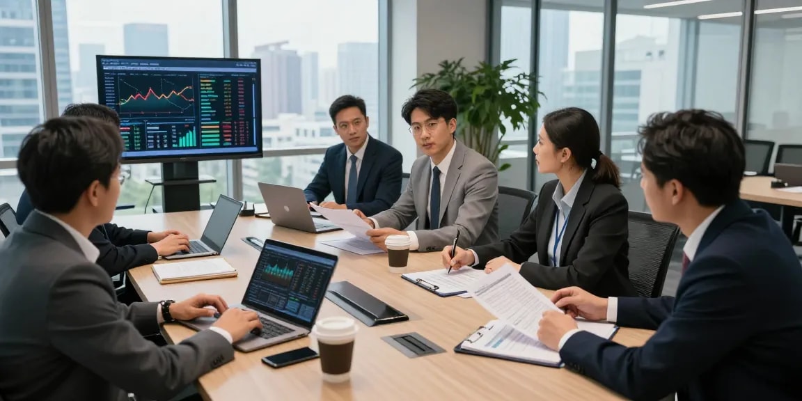 Terry Hui collaborating with real estate investment team in modern office.