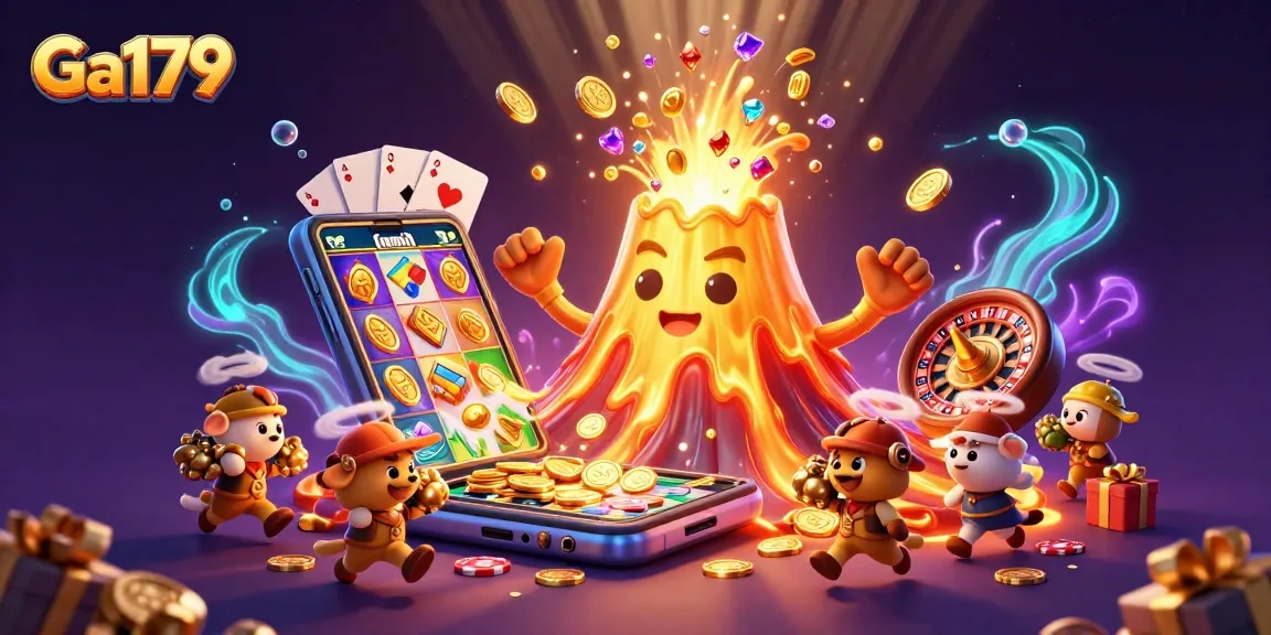 Experience excitement at Ga179 with a golden volcano erupting coins and a colorful slot game.