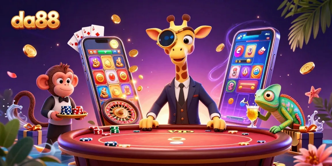 Engage with da88's vibrant casino scene featuring animated characters at play.