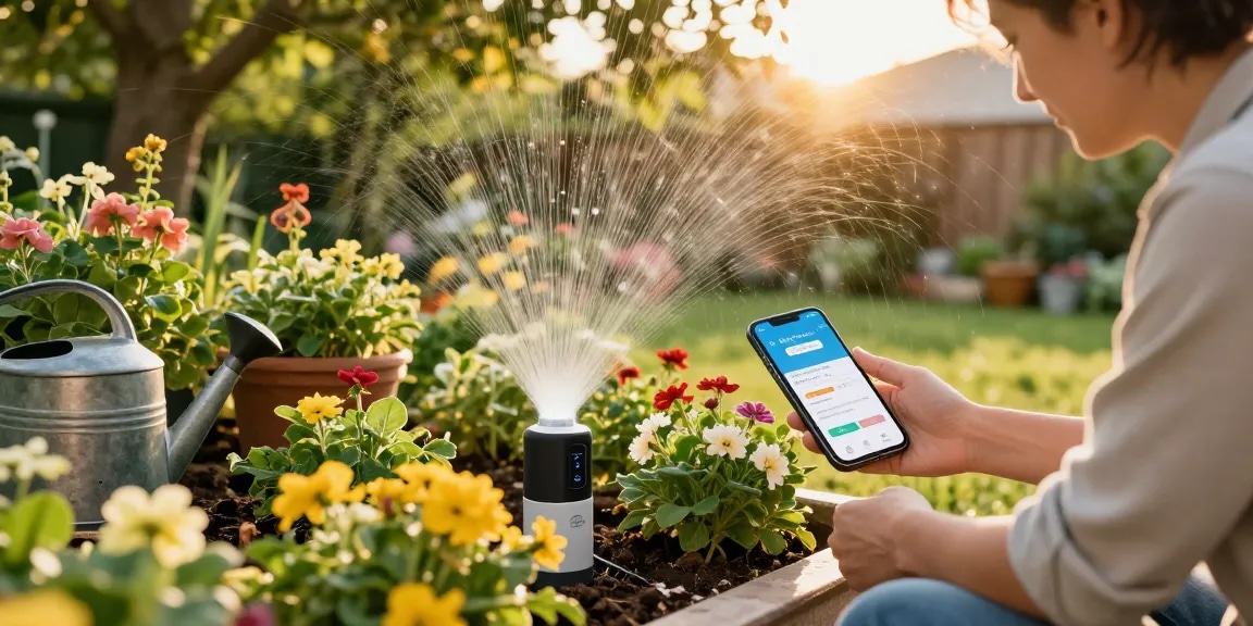 Gardener using a rainpoint wifi water timer in a vibrant outdoor garden setting.
