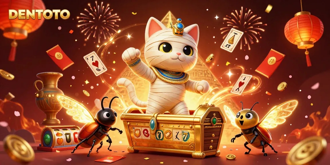 DENTOTO offers immersive casino gaming with a vibrant Egyptian-themed digital illustration full of dynamic gambling elements.