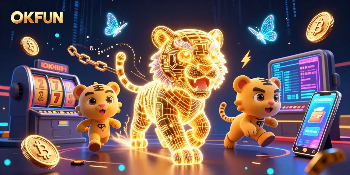 Win big at OKFUN, featuring a dazzling golden tiger amidst an electrifying casino scene.