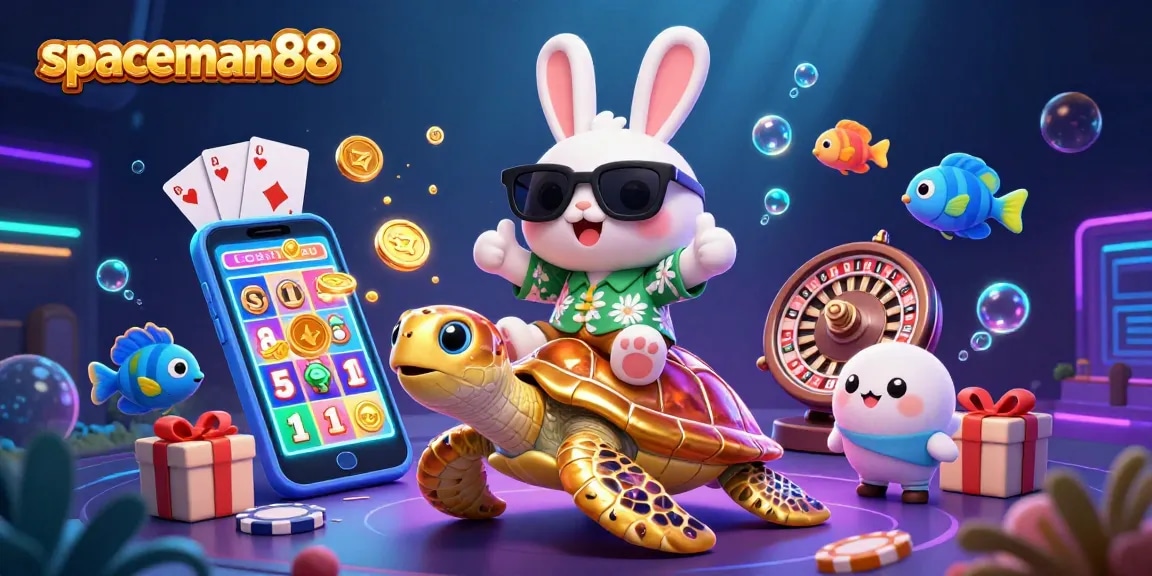 Spin and win at spaceman88 with a lucky rabbit and a golden turtle amidst vibrant casino elements.