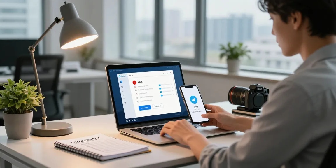 Setting up a Telegram account in China with secure VPN connection in a modern tech workspace.