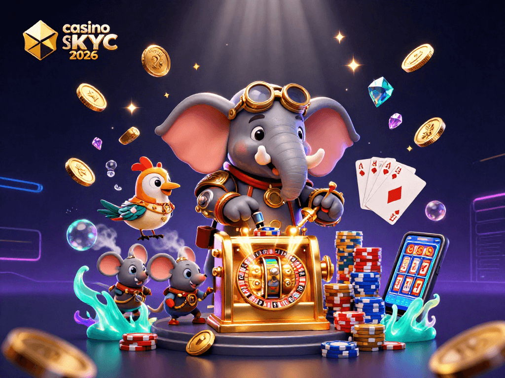 Illustration de casino crypto sans KYC 2026 avec un éléphant steampunk gagnant à une machine à sous.