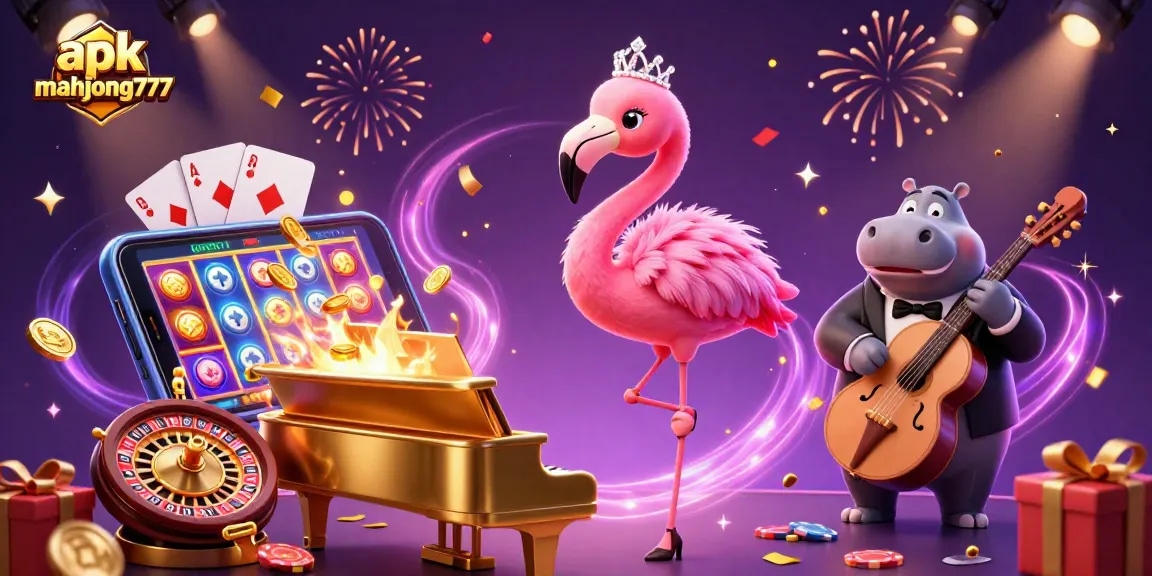 Engage with apk mahjong777 by spinning colorful slot reels amidst animated casino characters and festive elements.