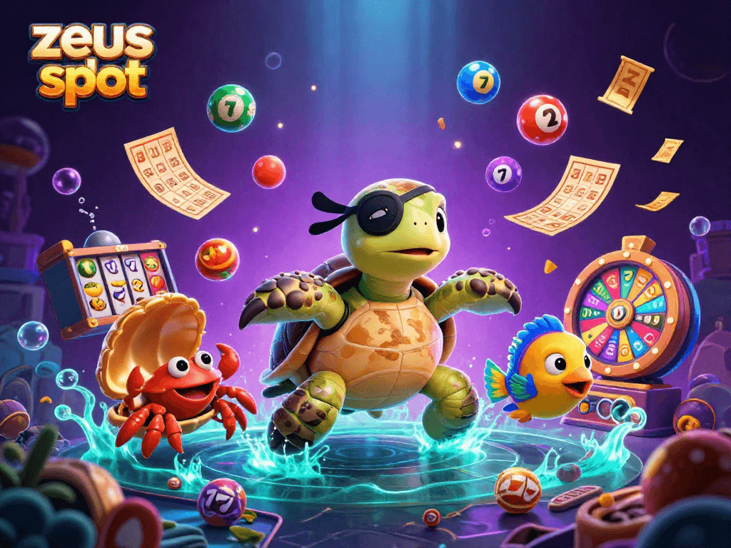 Play the zeus slot game among dynamic casino elements like vibrant reels, lucky 7s, and colorful balls.