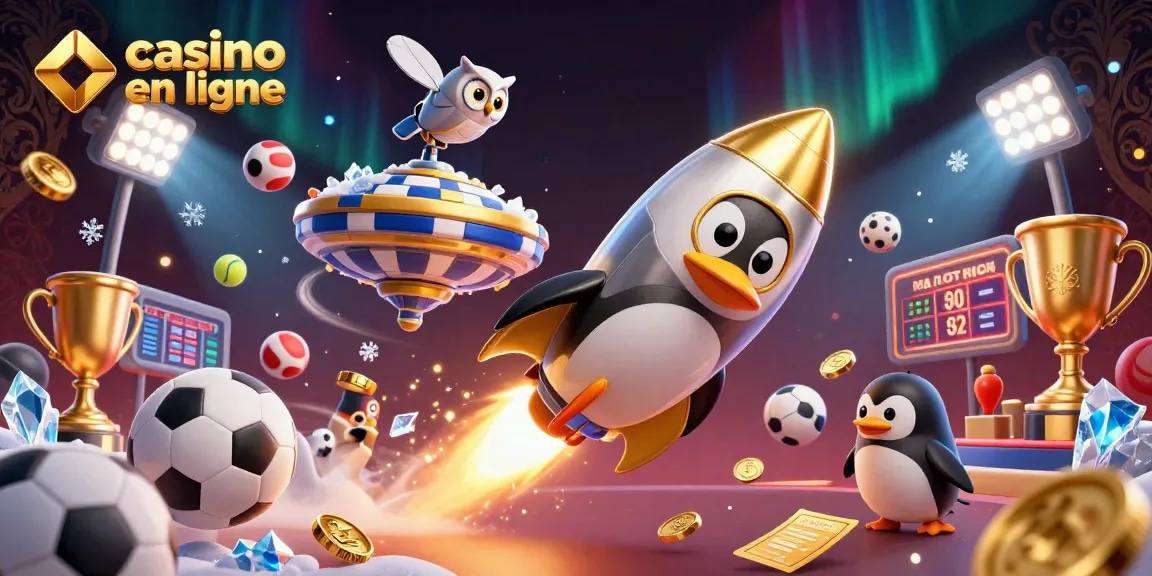 Le casino en ligne offre une expérience immersive avec un pingouin doré en fusée explorant l'espace, enrichi de ballons sportifs.