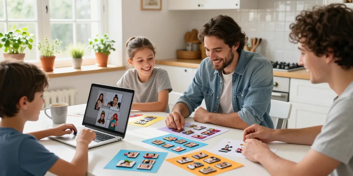 Family creating personalized photo magnets, celebrating memories with vibrant designs in a sunny kitchen.